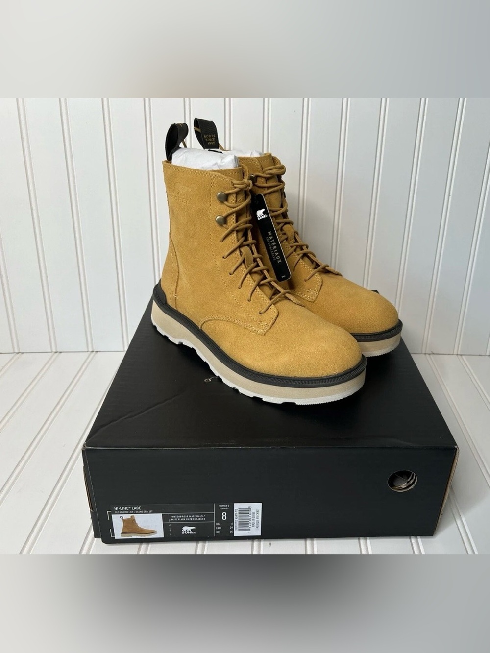 Sorel Hi Line Lace Geo Yellow Jet Waterproof Combat Boots Womens Size 8 NEW 1800